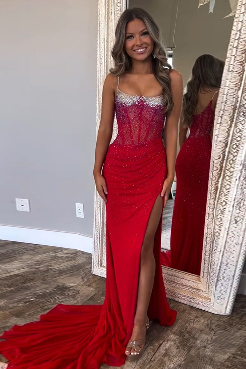 Load image into Gallery viewer, Sparkly Orange Beaded Spaghetti Straps Sweetheart Sweep Train Prom Dress with Slit