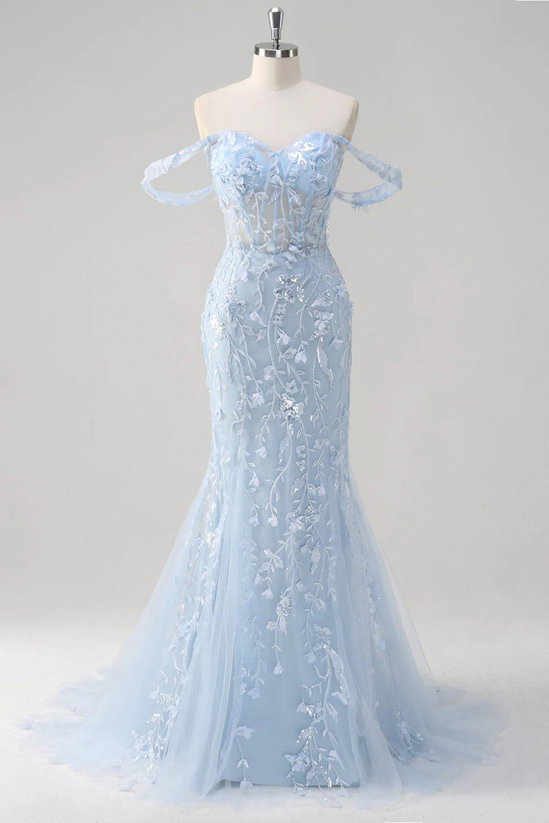 Load image into Gallery viewer, Sparkly Blue Mermaid Corset Off The Shoulder Long Prom Dress with Tulle