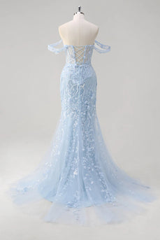 Sparkly Blue Mermaid Corset Off The Shoulder Long Prom Dress with Tulle