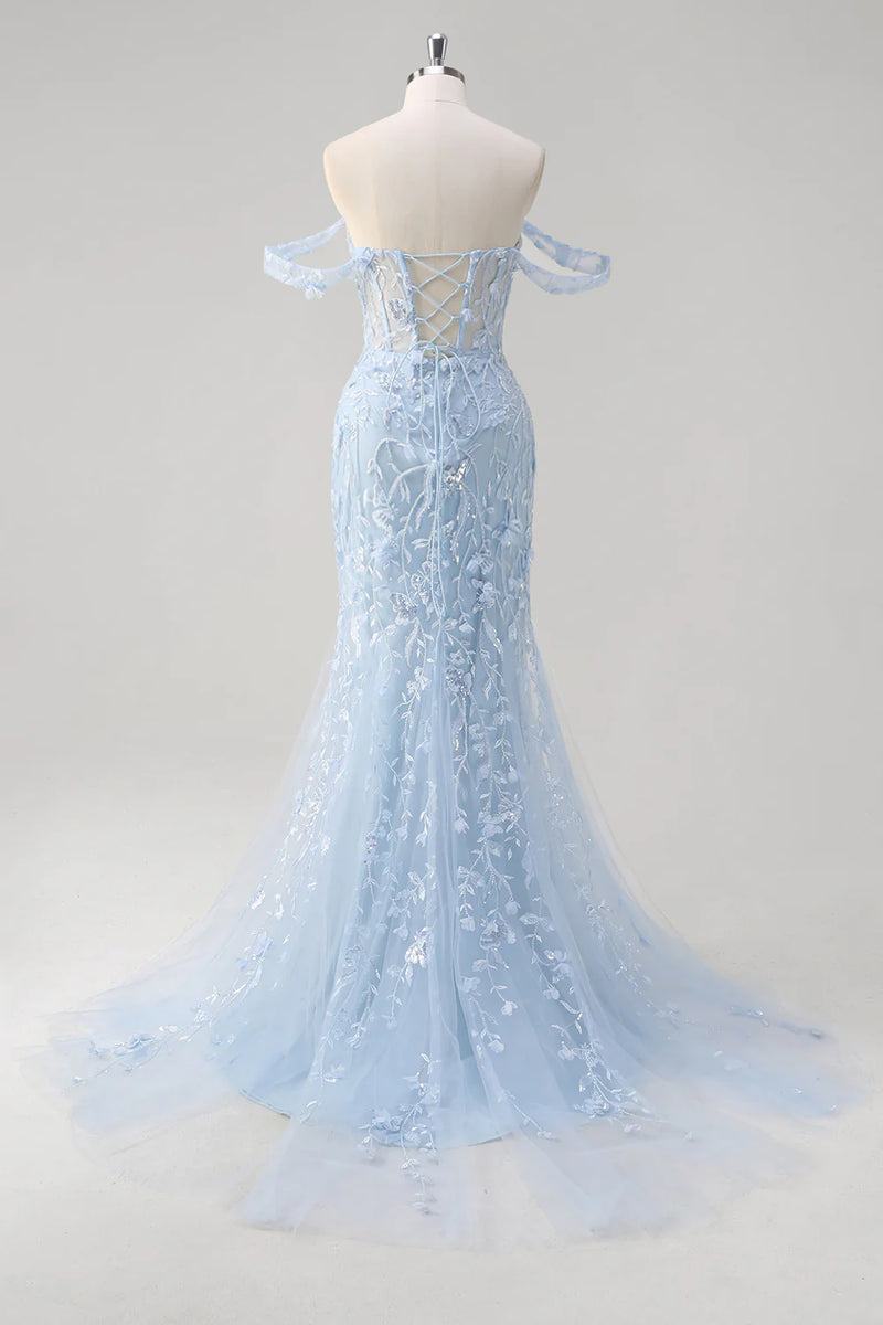 Load image into Gallery viewer, Sparkly Blue Mermaid Corset Off The Shoulder Long Prom Dress with Tulle