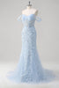 Load image into Gallery viewer, Sparkly Blue Mermaid Corset Off The Shoulder Long Prom Dress with Tulle