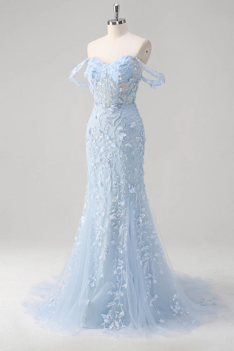 Load image into Gallery viewer, Sparkly Blue Mermaid Corset Off The Shoulder Long Prom Dress with Tulle