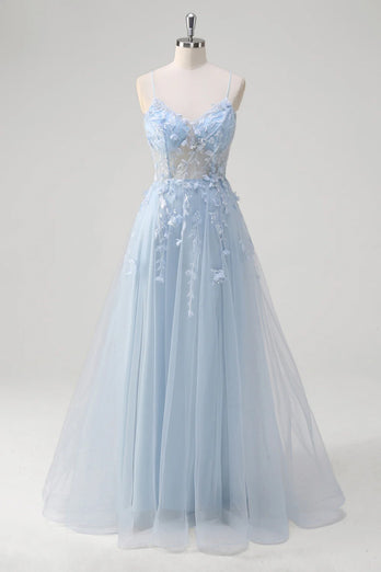 Floral Blue A Line Corset Spaghetti Straps Long Prom Dress