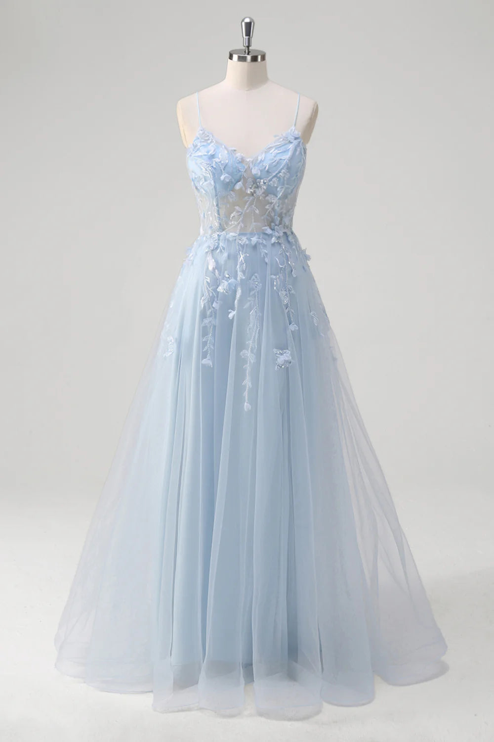 Floral Blue A Line Corset Spaghetti Straps Long Prom Dress