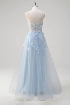 Floral Blue A Line Corset Spaghetti Straps Long Prom Dress