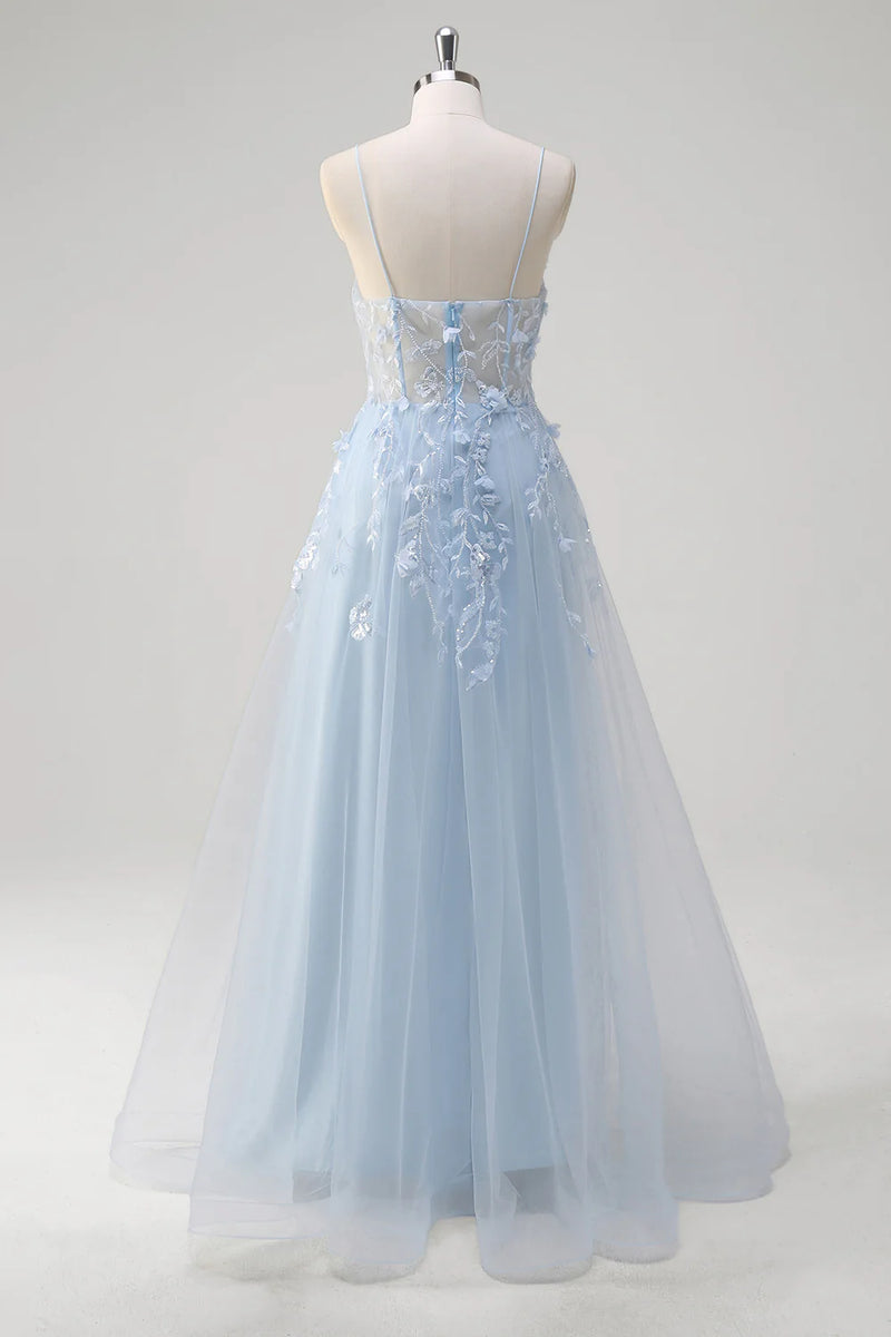 Load image into Gallery viewer, Floral Blue A Line Corset Spaghetti Straps Long Prom Dress