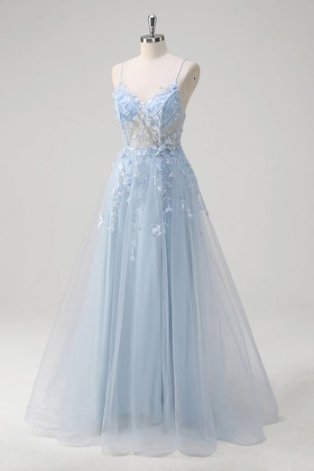 Floral Blue A Line Corset Spaghetti Straps Long Prom Dress