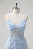 Load image into Gallery viewer, Floral Blue A Line Corset Spaghetti Straps Long Prom Dress