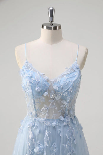 Floral Blue A Line Corset Spaghetti Straps Long Prom Dress