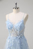 Load image into Gallery viewer, Floral Blue A Line Corset Spaghetti Straps Long Prom Dress