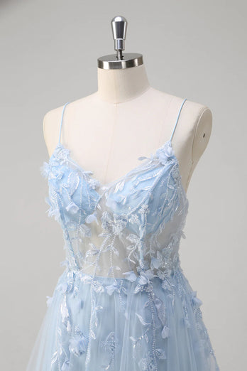 Floral Blue A Line Corset Spaghetti Straps Long Prom Dress