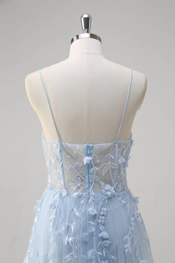 Floral Blue A Line Corset Spaghetti Straps Long Prom Dress