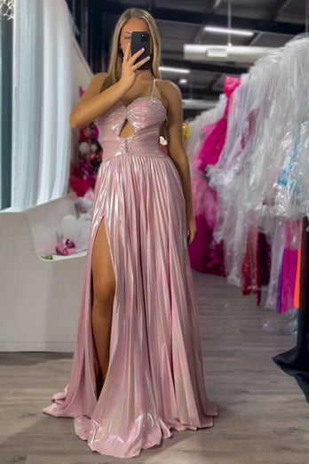 Metallic Blush A Line Pleated Spaghetti Straps Long Prom Dress