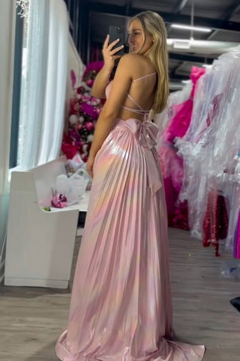 Metallic Blush A Line Pleated Spaghetti Straps Long Prom Dress