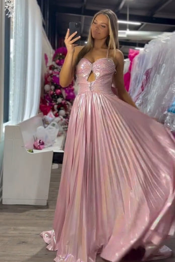 Metallic Blush A Line Pleated Spaghetti Straps Long Prom Dress