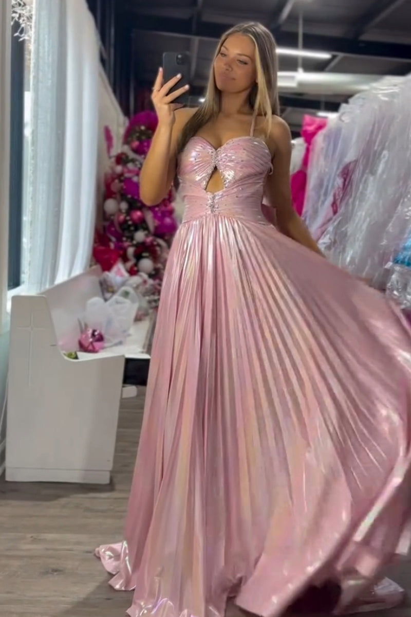 Load image into Gallery viewer, Metallic Blush A Line Pleated Spaghetti Straps Long Prom Dress