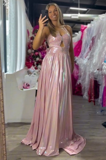 Metallic Blush A Line Pleated Spaghetti Straps Long Prom Dress