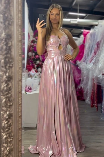 Metallic Blush A Line Pleated Spaghetti Straps Long Prom Dress