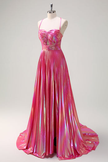 Metallic Blush A Line Pleated Spaghetti Straps Long Prom Dress