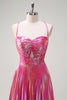 Load image into Gallery viewer, Metallic Blush A Line Pleated Spaghetti Straps Long Prom Dress