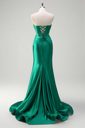 Sparkly Dark Green Corset Beaded Long Satin Prom Dress with Slit