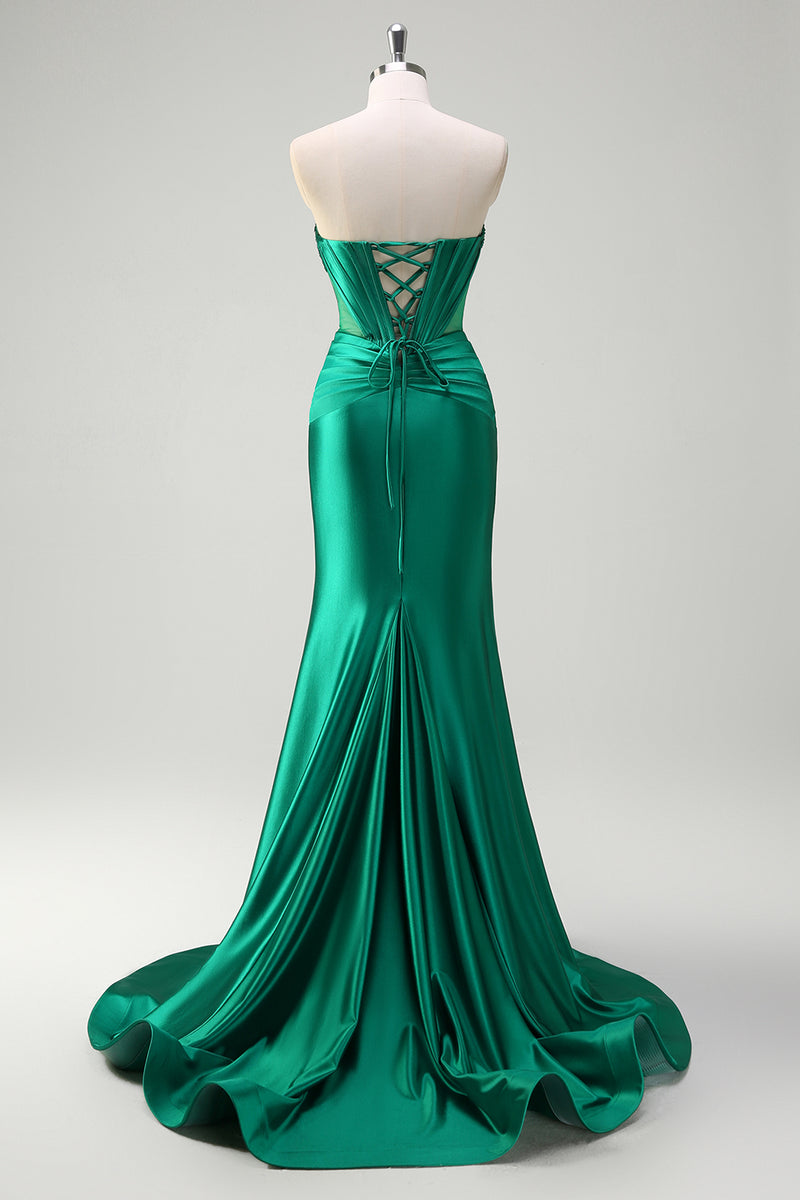 Load image into Gallery viewer, Sparkly Dark Green Corset Beaded Long Satin Prom Dress with Slit