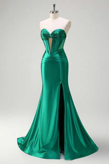 Sparkly Dark Green Corset Beaded Long Satin Prom Dress with Slit