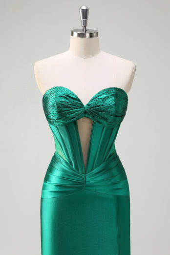 Sparkly Dark Green Corset Beaded Long Satin Prom Dress with Slit