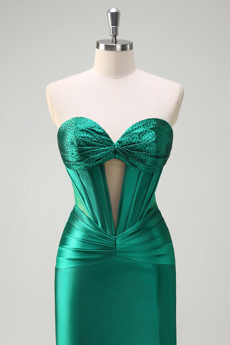 Load image into Gallery viewer, Sparkly Dark Green Corset Beaded Long Satin Prom Dress with Slit