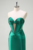 Load image into Gallery viewer, Sparkly Dark Green Corset Beaded Long Satin Prom Dress with Slit