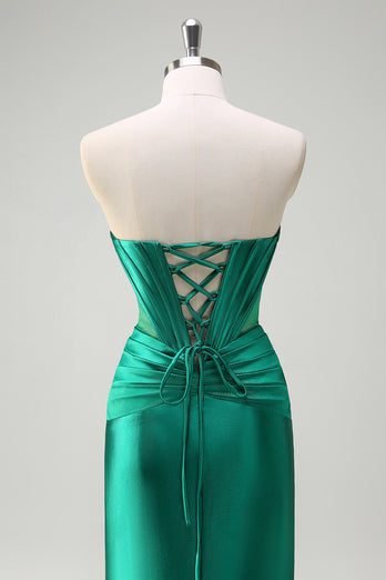 Sparkly Dark Green Corset Beaded Long Satin Prom Dress with Slit