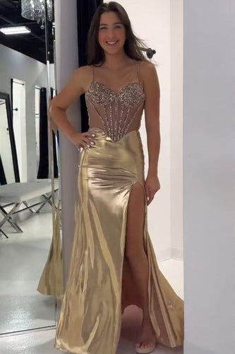 Sparkly Golden Metallic Mermaid Corset Long Prom Dress with Slit