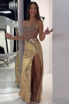 Sparkly Golden Metallic Mermaid Corset Long Prom Dress with Slit