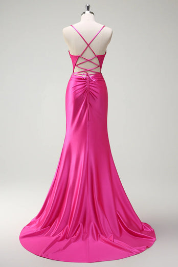 Sparkly Fuchsia Mermaid Corset Beaded Long Prom Dress with Slit