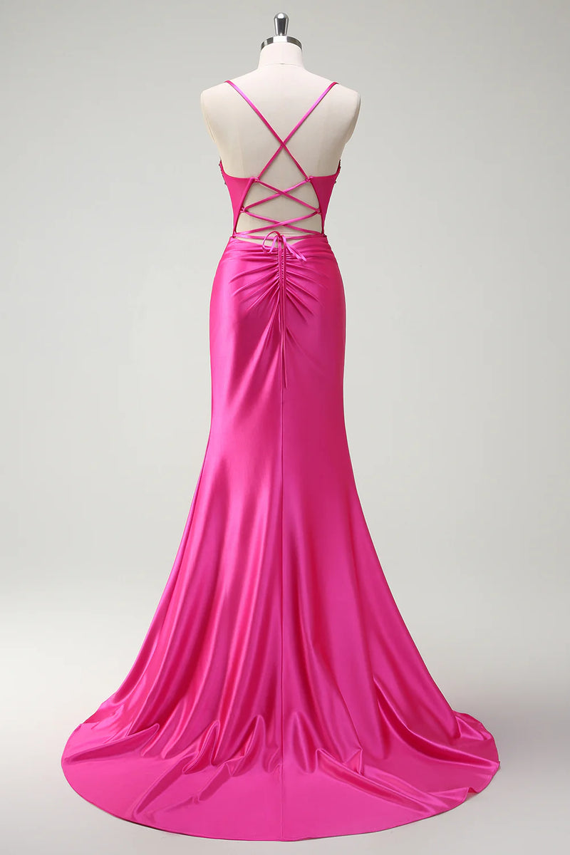 Load image into Gallery viewer, Sparkly Fuchsia Mermaid Corset Beaded Long Prom Dress with Slit