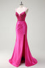 Load image into Gallery viewer, Sparkly Fuchsia Mermaid Corset Beaded Long Prom Dress with Slit