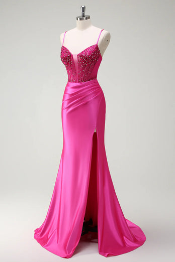 Sparkly Fuchsia Mermaid Corset Beaded Long Prom Dress with Slit