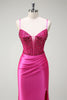 Load image into Gallery viewer, Sparkly Fuchsia Mermaid Corset Beaded Long Prom Dress with Slit