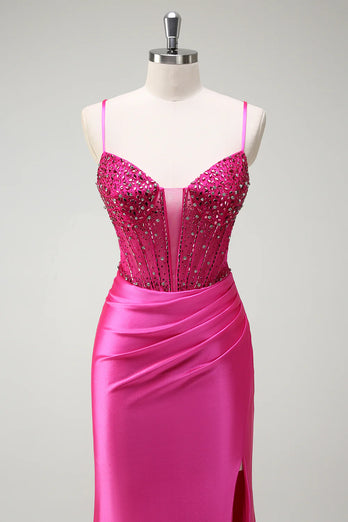 Sparkly Fuchsia Mermaid Corset Beaded Long Prom Dress with Slit