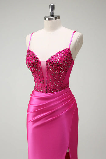 Sparkly Fuchsia Mermaid Corset Beaded Long Prom Dress with Slit