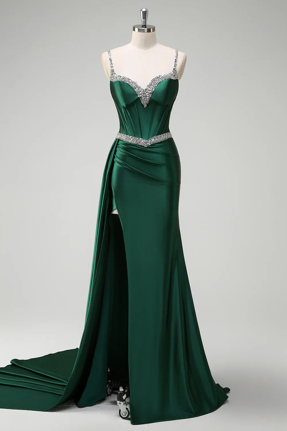 Sparkly Dark Green Sequined Corset Long Satin Prom Dress