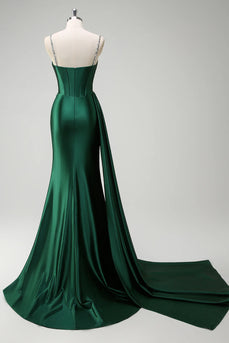 Sparkly Dark Green Sequined Corset Long Satin Prom Dress