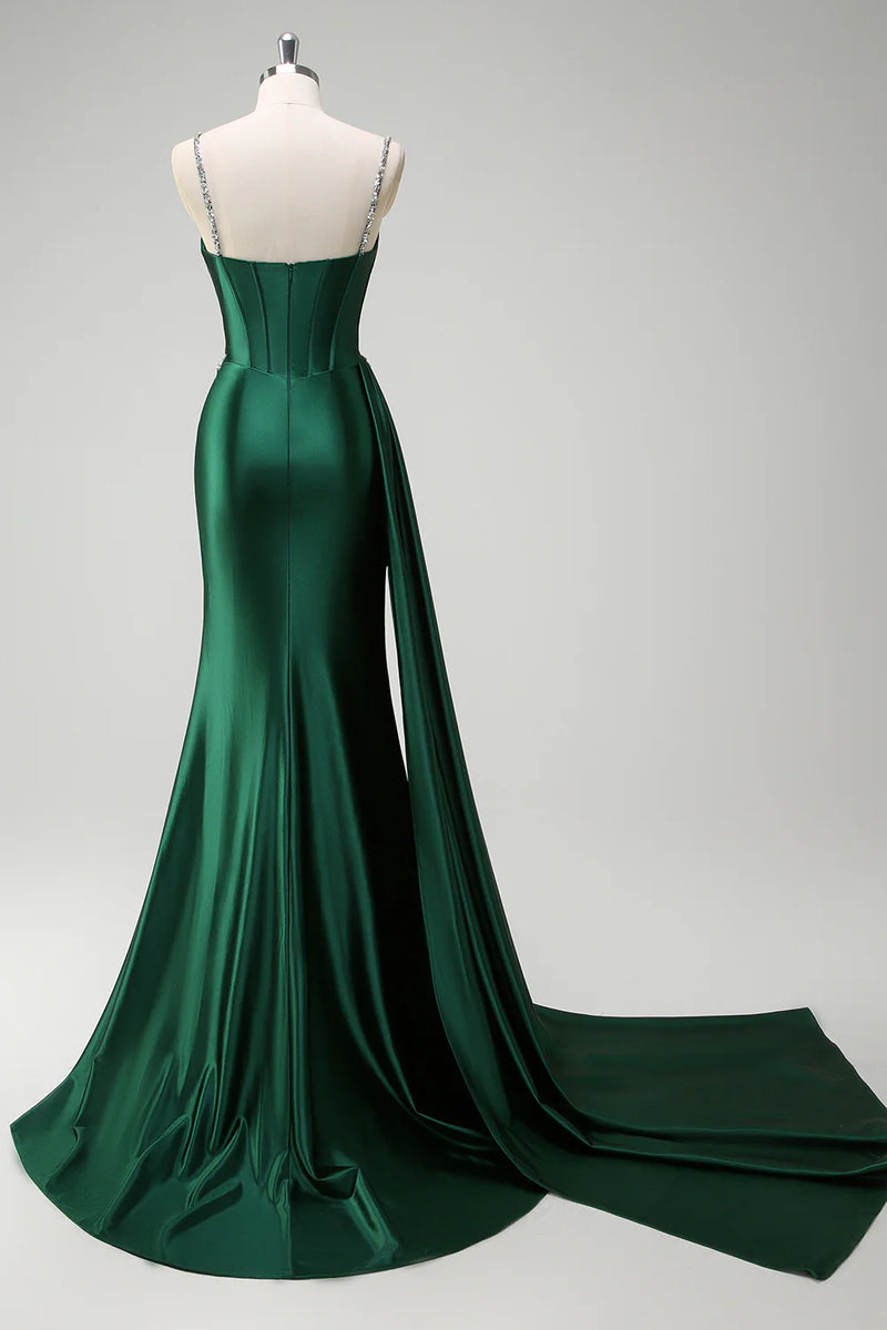 Load image into Gallery viewer, Sparkly Dark Green Sequined Corset Long Satin Prom Dress