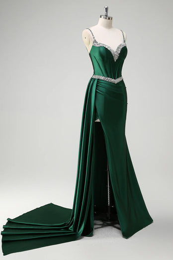 Sparkly Dark Green Sequined Corset Long Satin Prom Dress