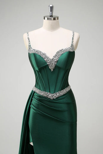 Sparkly Dark Green Sequined Corset Long Satin Prom Dress