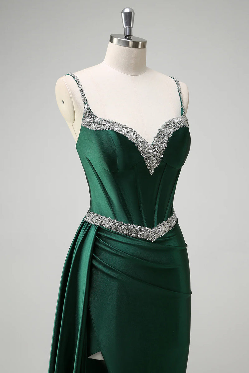 Load image into Gallery viewer, Sparkly Dark Green Sequined Corset Long Satin Prom Dress