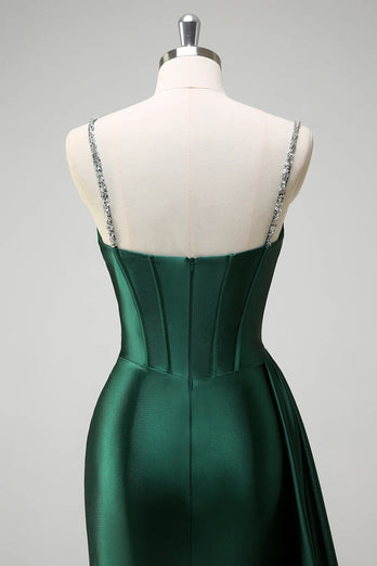 Sparkly Dark Green Sequined Corset Long Satin Prom Dress