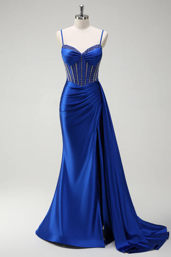 Sparkly Royal Blue Beaded Corset Long Satin Prom Dress