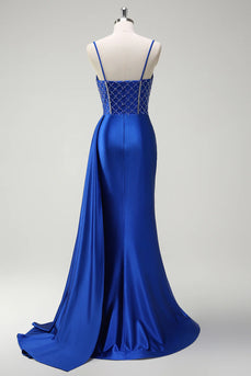 Sparkly Royal Blue Beaded Corset Long Satin Prom Dress