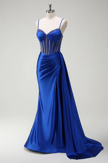 Sparkly Royal Blue Beaded Corset Long Satin Prom Dress